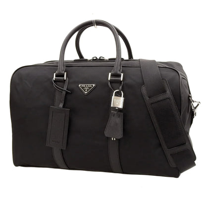 ロゴプレート ボストンバッグ ナイロン サフィアーノレザー ブラック