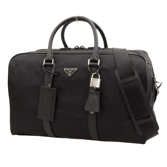 ロゴプレート ボストンバッグ ナイロン サフィアーノレザー ブラック