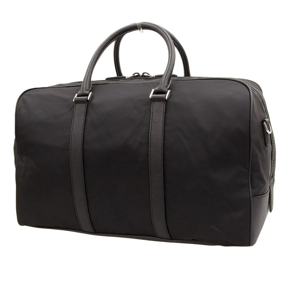 ロゴプレート ボストンバッグ ナイロン サフィアーノレザー ブラック