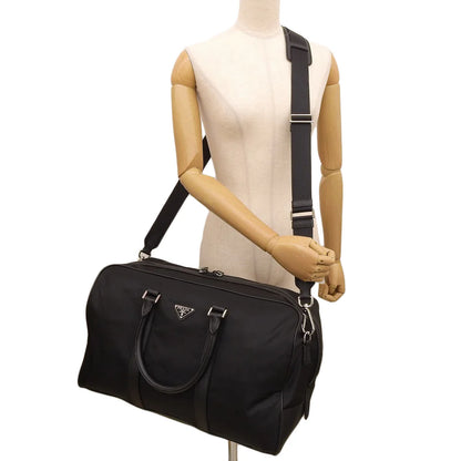 ロゴプレート ボストンバッグ ナイロン サフィアーノレザー ブラック