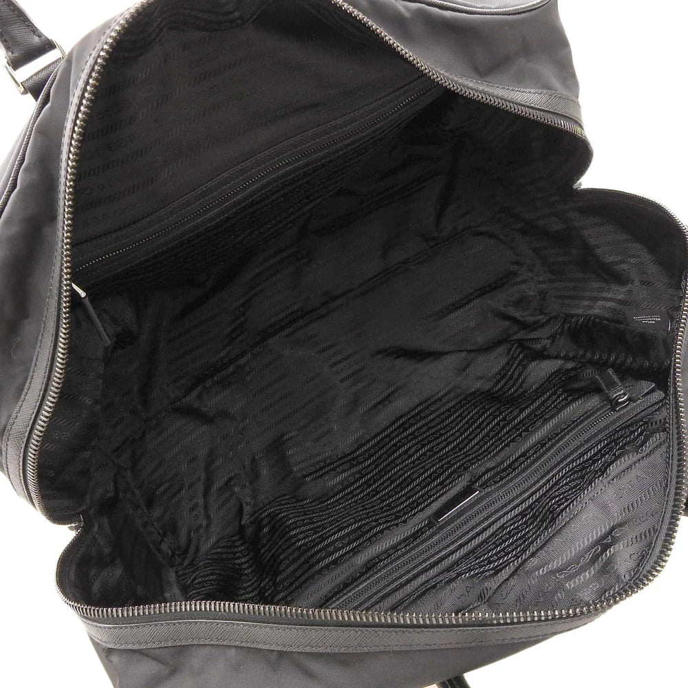 ロゴプレート ボストンバッグ ナイロン サフィアーノレザー ブラック