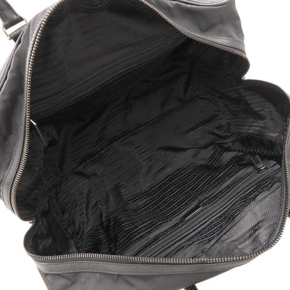 ロゴプレート ボストンバッグ ナイロン サフィアーノレザー ブラック