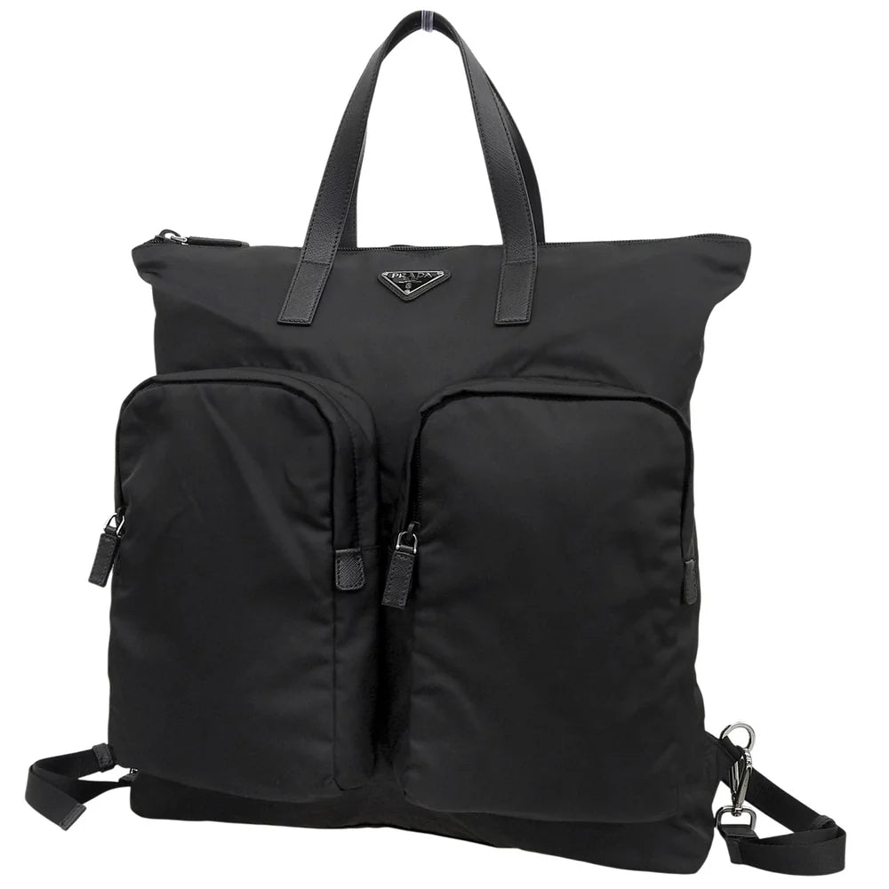 Re-Nylon 2way ショッピングバッグ ナイロン サフィアーノレザー ネロ 2VG053