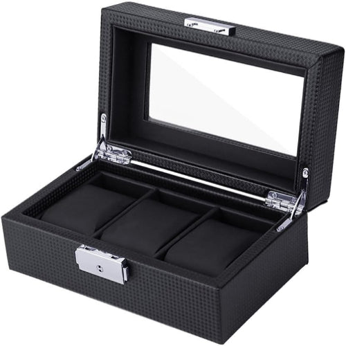 腕時計ケース 3本 6本 腕時計収納ボックス 高級 時計 コレクションケース カーボンファイバー仕上げ 男女兼用 インタリア用 レザー製クッション 鍵付き (H:1段式・3本（ブラック）)