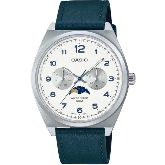 CASIO スタンダード ムーンフェイズ Moon phase アナログ メンズ 腕時計 MTP-M300L-7AV グリニッシュブルーレザーバンド ホワイト 海外モデル [並行輸入品]