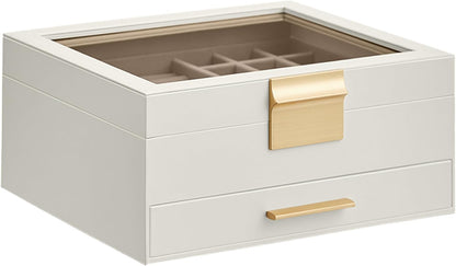 SONGMICS ジュエリーボックス ガラス蓋付き 2層 ジュエリーオーガナイザー 1段 ジュエリー収納 モダン ギフトアイデア クラウドホワイト/ゴールドカラー UJBC174W01