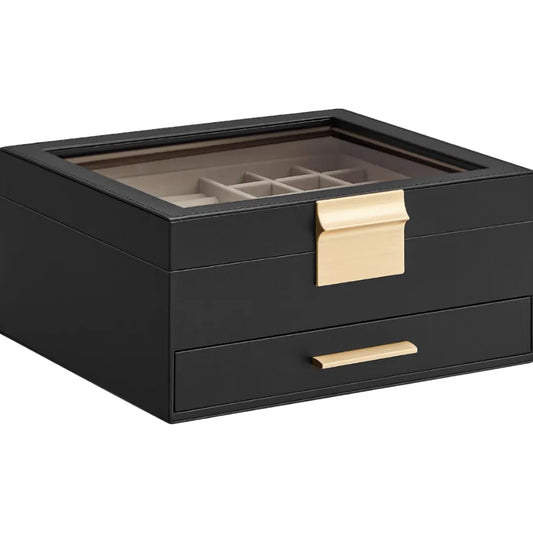 SONGMICS ジュエリーボックス ガラス蓋付き 2層 ジュエリーオーガナイザー 1段 ジュエリー収納 モダン ギフトアイデア クラウドホワイト/ゴールドカラー UJBC174W01