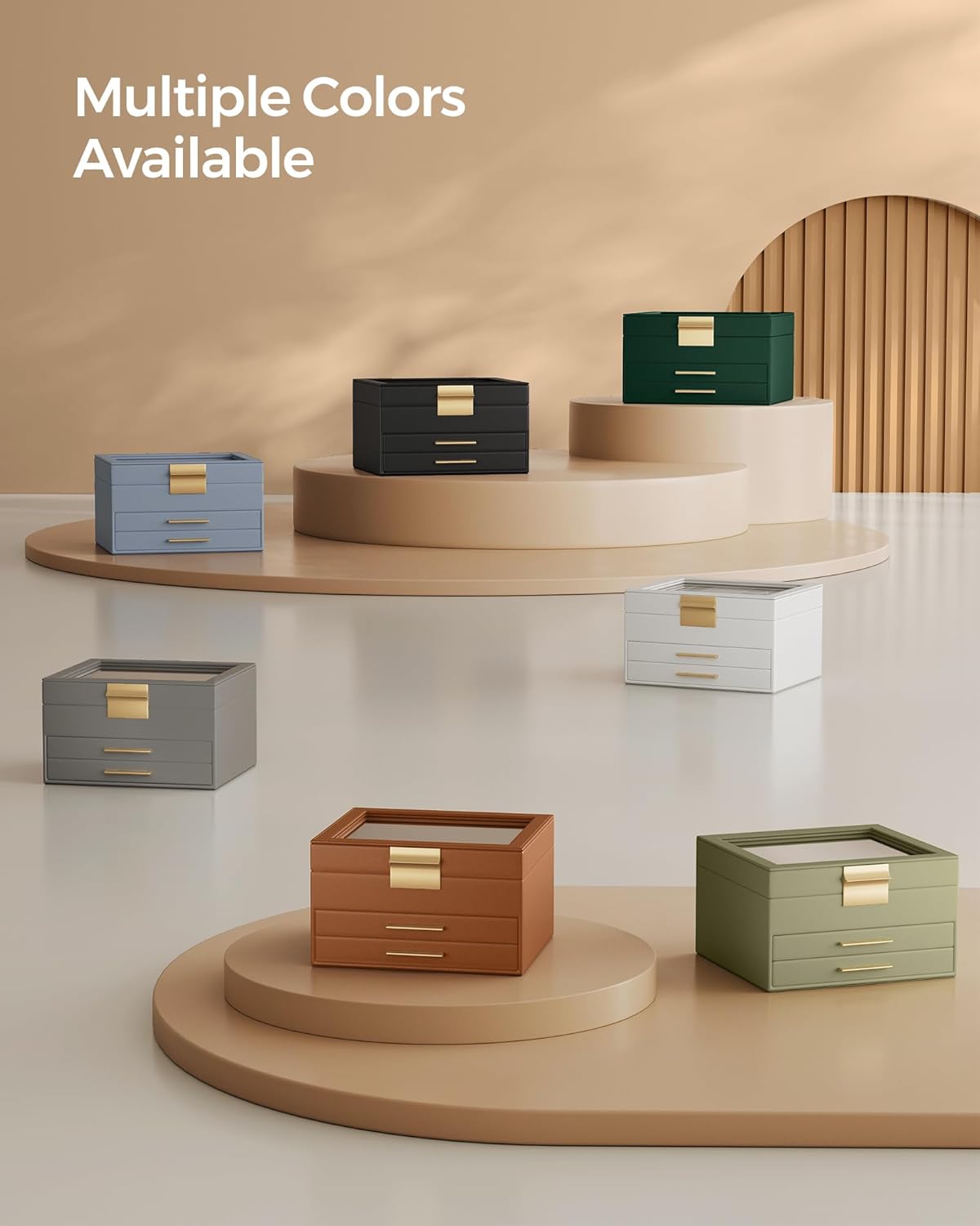 SONGMICS ジュエリーボックス オーガナイザー ガラス蓋付き 3層ジュエリー収納 引き出し2個付き モダンスタイル 8 x 9.1 x 5.3インチ ローレルグリーンとゴールドカラー UJBC239C02