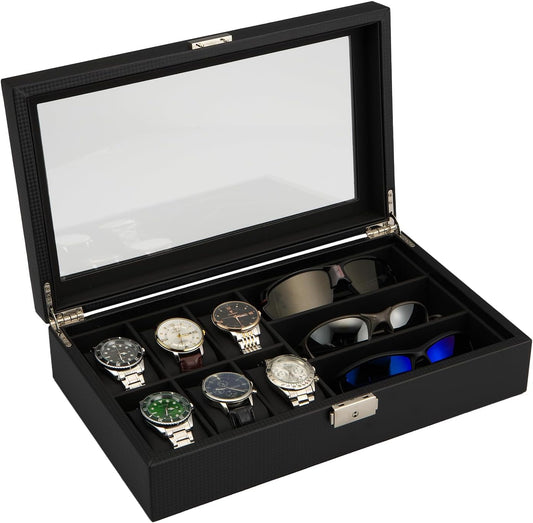 GEUM 腕時計ケース 時計ケース 眼鏡 サングラス収納ボックス 腕時計6本 サングラス3本 高級 時計 腕時計 収納 保管 ボックス コレクション ウォッチケース ディスプレイ カーボンファイバー 90日保証 GEUM020 (ブラック, 腕時計6本＋眼鏡3本)