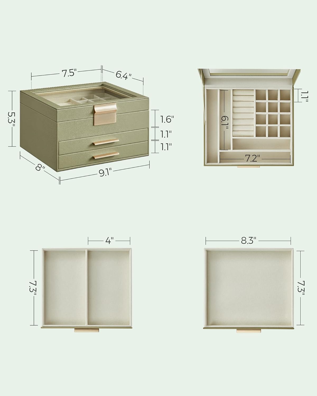 SONGMICS ジュエリーボックス オーガナイザー ガラス蓋付き 3層ジュエリー収納 引き出し2個付き モダンスタイル 8 x 9.1 x 5.3インチ ローレルグリーンとゴールドカラー UJBC239C02