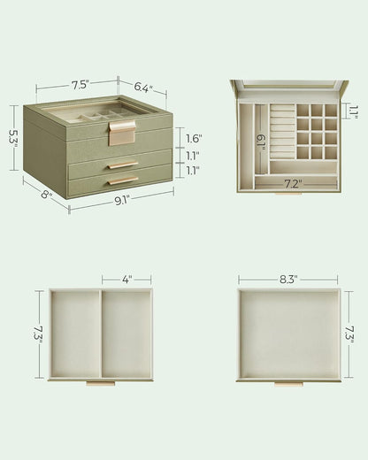 SONGMICS ジュエリーボックス オーガナイザー ガラス蓋付き 3層ジュエリー収納 引き出し2個付き モダンスタイル 8 x 9.1 x 5.3インチ ローレルグリーンとゴールドカラー UJBC239C02