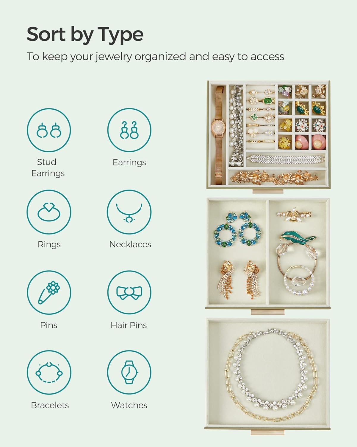 SONGMICS ジュエリーボックス オーガナイザー ガラス蓋付き 3層ジュエリー収納 引き出し2個付き モダンスタイル 8 x 9.1 x 5.3インチ ローレルグリーンとゴールドカラー UJBC239C02