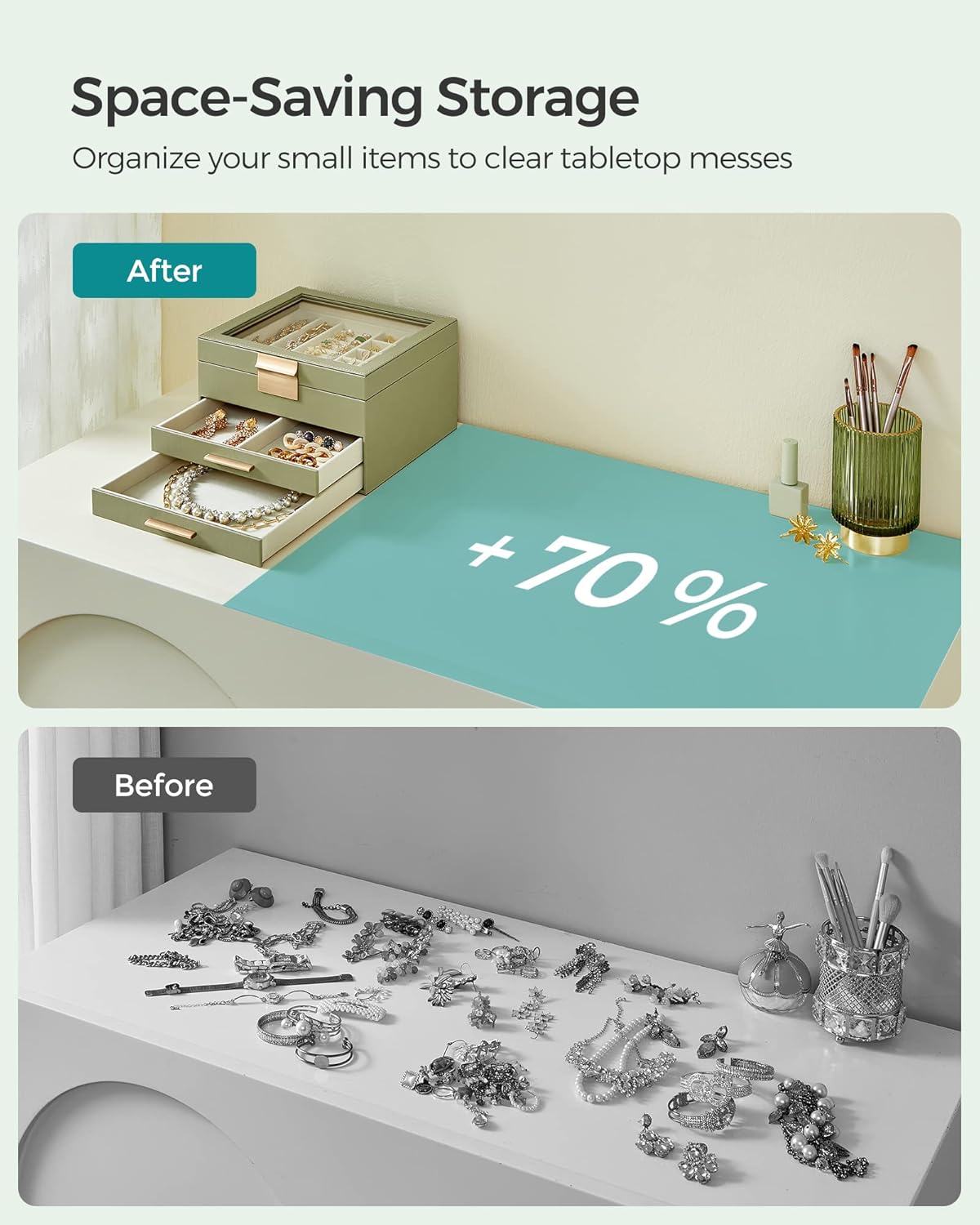 SONGMICS ジュエリーボックス オーガナイザー ガラス蓋付き 3層ジュエリー収納 引き出し2個付き モダンスタイル 8 x 9.1 x 5.3インチ ローレルグリーンとゴールドカラー UJBC239C02