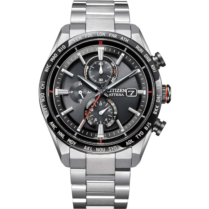 [Citizen] 腕時計 ATTESA (電波時計/防水/軽量) AT8189-61E 光発電エコ・ドライブ チタン ACT Line サファイアガラス ブラック メンズ ビジネス アナログ クロノグラフ 秒針 シルバー ブラック 黒 日本製 電波ソーラー