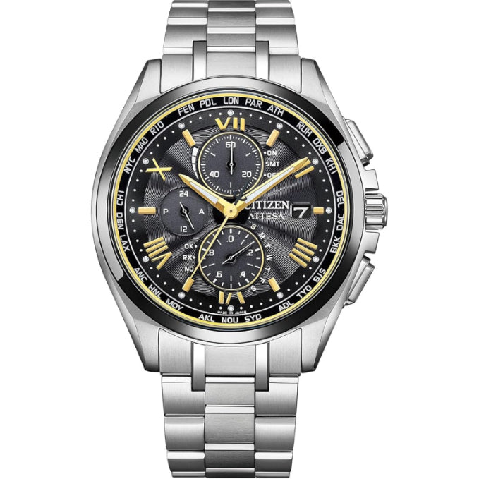 [CITIZEN] 腕時計 ATTESA (電波時計/防水/軽量) AT8244-57E 限定 KIZASHI Collection クロノグラフ チタン 光発電エコ・ドライブ サファイアガラス メンズ ギフト ビジネス アナログ 秒針 シルバー ゴールド ブラック 黒 電波ソーラー