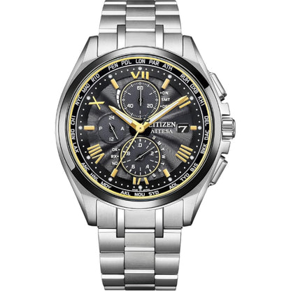 [CITIZEN] 腕時計 ATTESA (電波時計/防水/軽量) AT8244-57E 限定 KIZASHI Collection クロノグラフ チタン 光発電エコ・ドライブ サファイアガラス メンズ ギフト ビジネス アナログ 秒針 シルバー ゴールド ブラック 黒 電波ソーラー