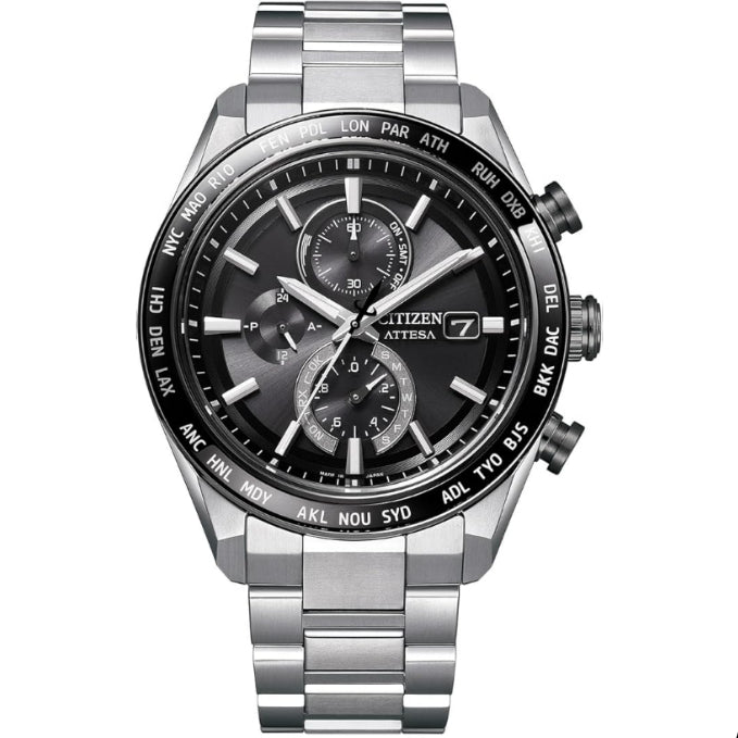 [CITIZEN] 腕時計 ATTESA (電波時計/防水/サファイアベゼル) AT8295-56E 軽量 チタン 光発電エコ・ドライブ サファイアガラス メンズ ビジネス アナログ クロノグラフ シルバー ブラック 黒 電波ソーラー
