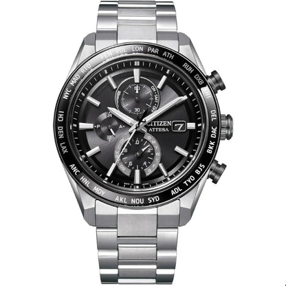 [CITIZEN] 腕時計 ATTESA (電波時計/防水/サファイアベゼル) AT8295-56E 軽量 チタン 光発電エコ・ドライブ サファイアガラス メンズ ビジネス アナログ クロノグラフ シルバー ブラック 黒 電波ソーラー
