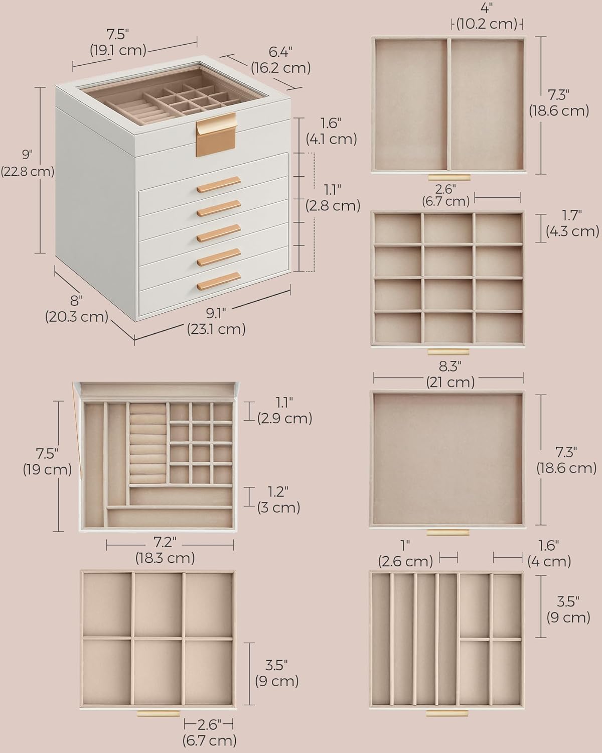 SONGMICS ガラス蓋付きジュエリーボックス 6層ジュエリーオーガナイザー 5つの引き出し 大小のジュエリー用 ジュエリー収納 モダンスタイル 8 x 9.1 x 9インチ クラウドホワイトとゴールドカラー UJBC176W01