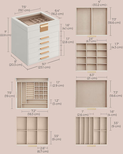 SONGMICS ガラス蓋付きジュエリーボックス 6層ジュエリーオーガナイザー 5つの引き出し 大小のジュエリー用 ジュエリー収納 モダンスタイル 8 x 9.1 x 9インチ クラウドホワイトとゴールドカラー UJBC176W01