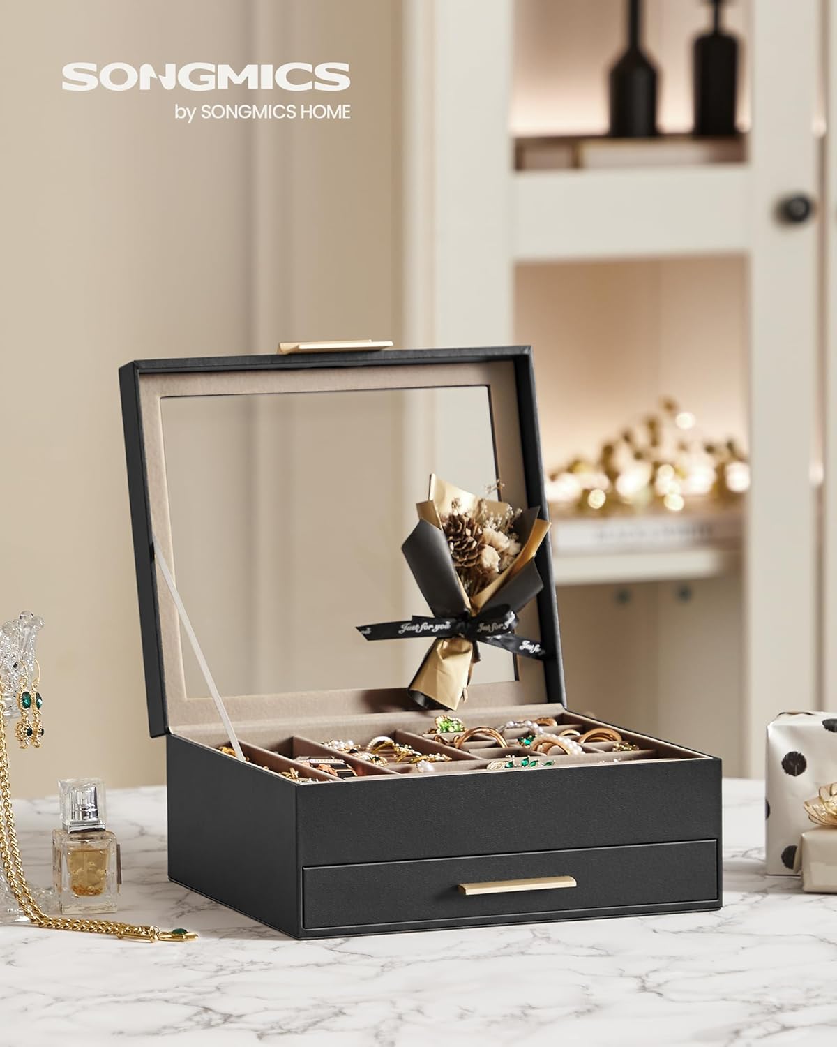 SONGMICS ジュエリーボックス ガラス蓋付き 2層 ジュエリーオーガナイザー 1段 ジュエリー収納 モダン ギフトアイデア クラウドホワイト/ゴールドカラー UJBC174W01