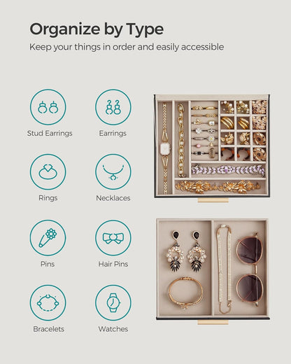 SONGMICS ジュエリーボックス ガラス蓋付き 2層 ジュエリーオーガナイザー 1段 ジュエリー収納 モダン ギフトアイデア クラウドホワイト/ゴールドカラー UJBC174W01