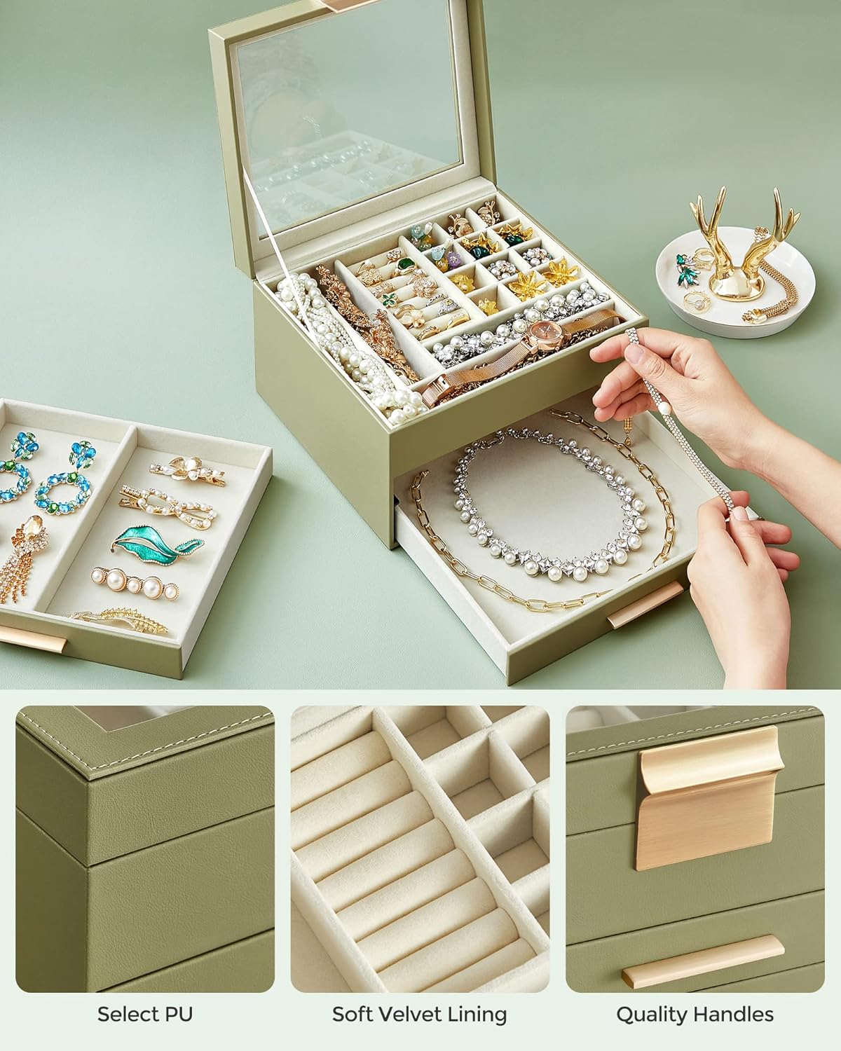 SONGMICS ジュエリーボックス オーガナイザー ガラス蓋付き 3層ジュエリー収納 引き出し2個付き モダンスタイル 8 x 9.1 x 5.3インチ ローレルグリーンとゴールドカラー UJBC239C02