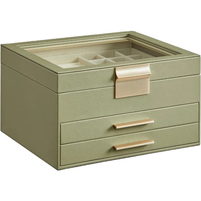 SONGMICS ジュエリーボックス オーガナイザー ガラス蓋付き 3層ジュエリー収納 引き出し2個付き モダンスタイル 8 x 9.1 x 5.3インチ ローレルグリーンとゴールドカラー UJBC239C02