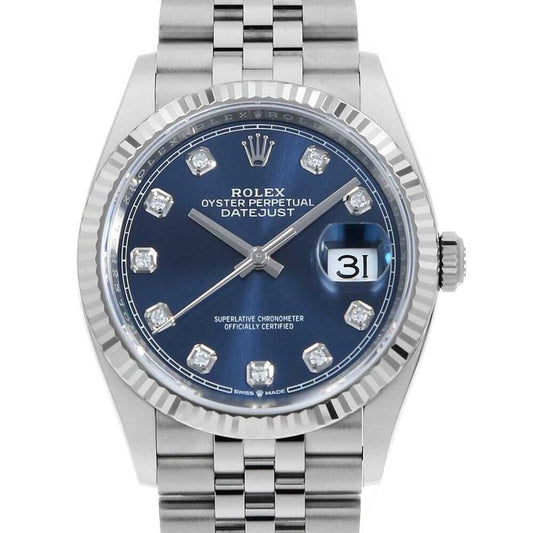 中古（目立った傷や汚れなし）ロレックス デイトジャスト36 10Pダイヤ 126234G ブルー 5列 ジュビリーブレス ランダム番 中古 メンズ 腕時計 13A3ROAU0745